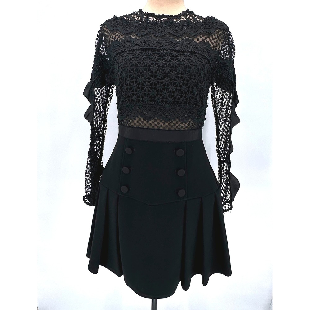 Self-Portrait Black Guipure Lace Ruffle Sleeve Pleated Mini Dress SP15-006B US 6
